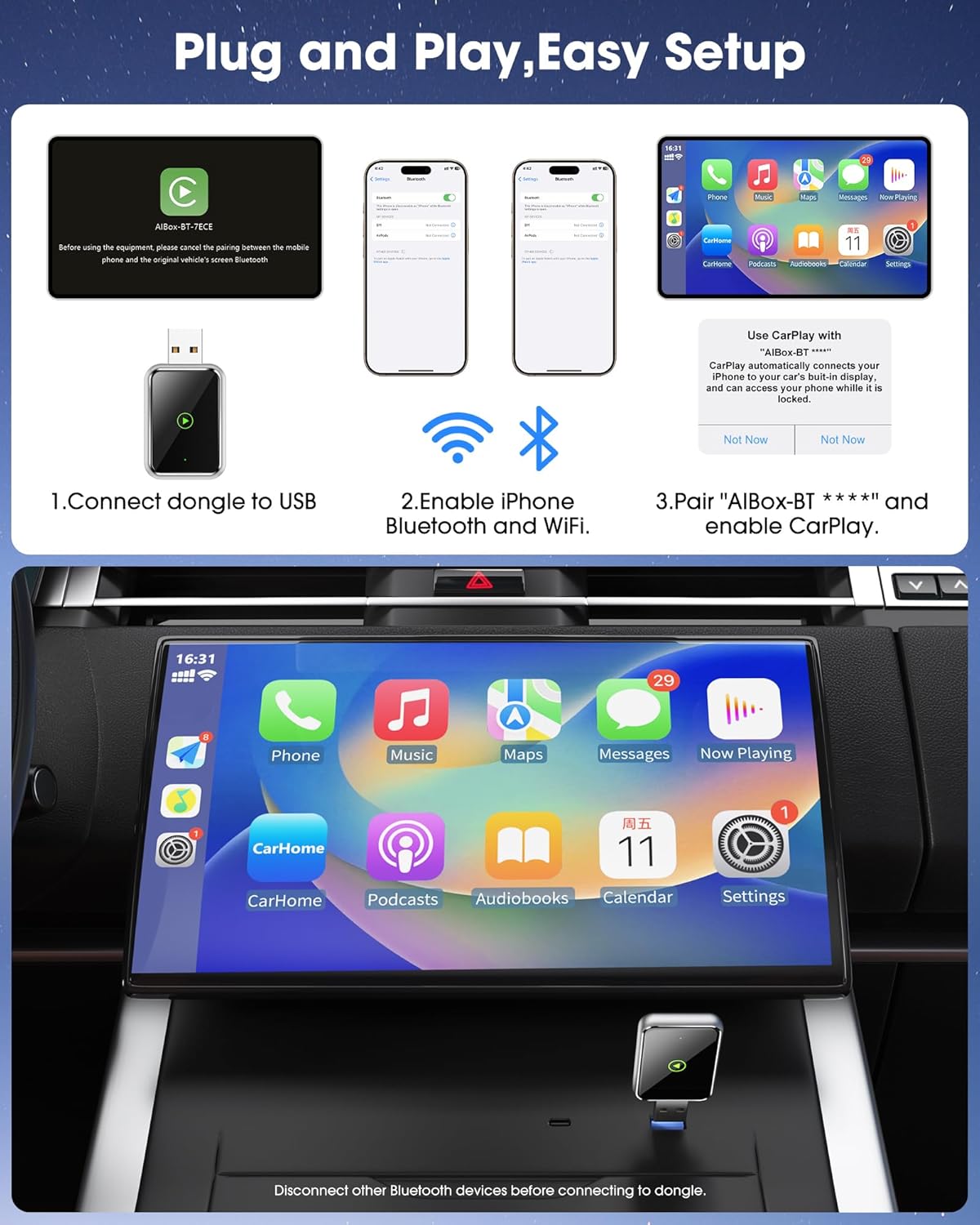 Wireless CarPlay Adapter for iPhone – Effortlessly Convert Wired CarPlay to Wireless, Wireless CarPlay Dongle Adapter with USB-C Cable for Car Audio Installation, Auto Reconnect, Plug-and-Play