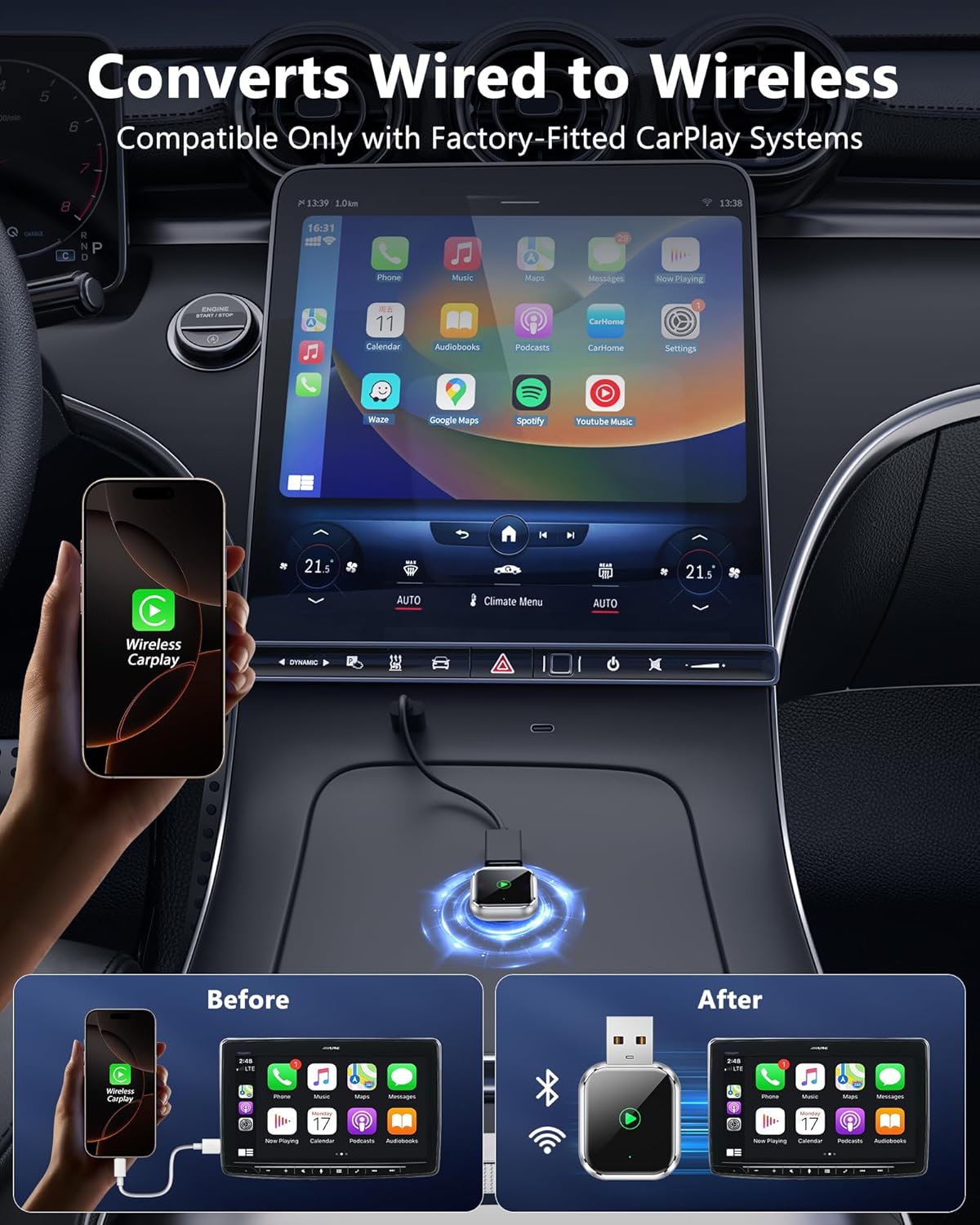 CarPlay Wireless for iPhone - Car Play Wireless Dongle for Factory Wired CarPlay to Wireless 5GHz WiFi Car Connection for Cars After 2016 (Only for iPhone)